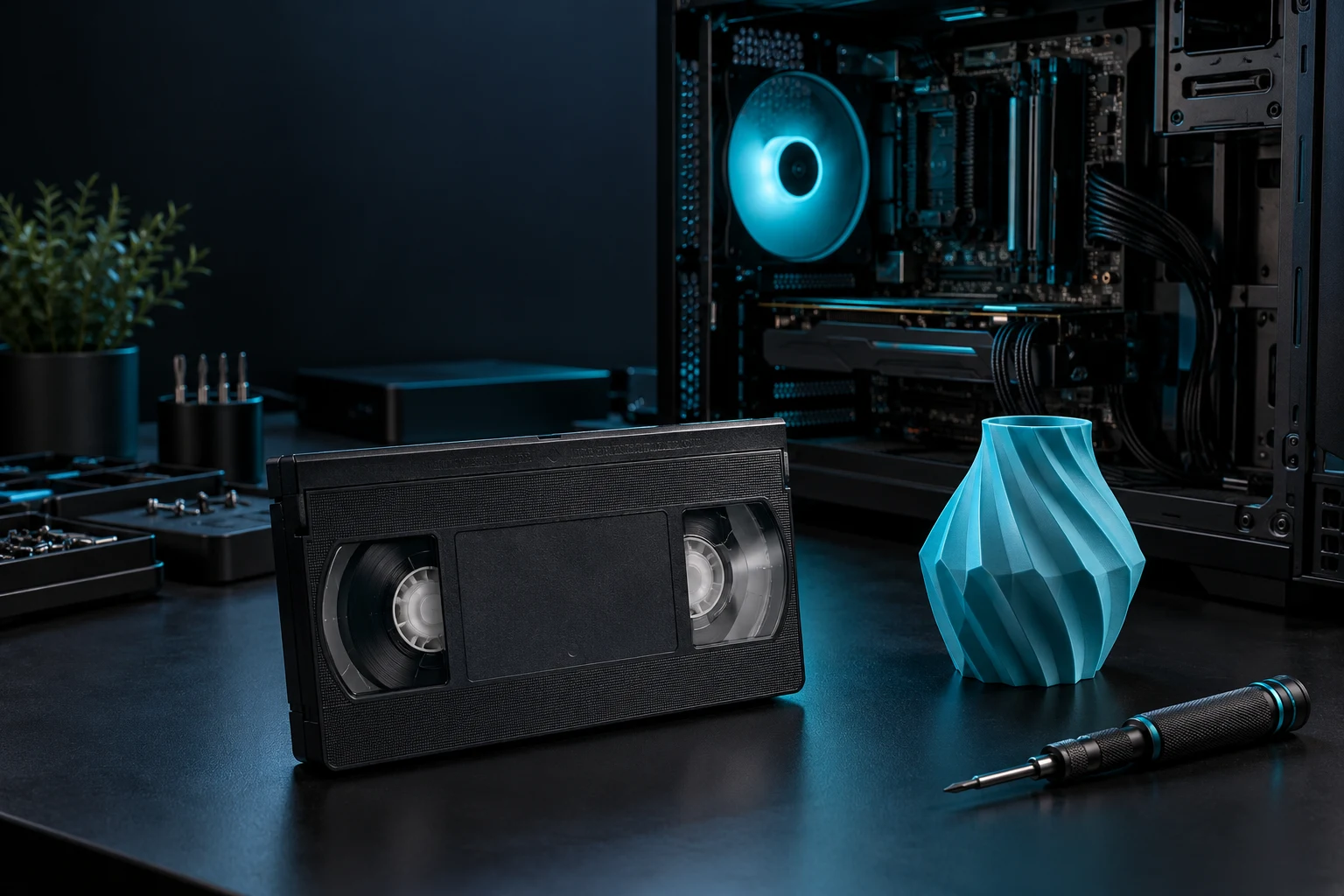 Illustration af en teknisk arbejdsplads med computer, VHS-bånd og et 3D-printet emne